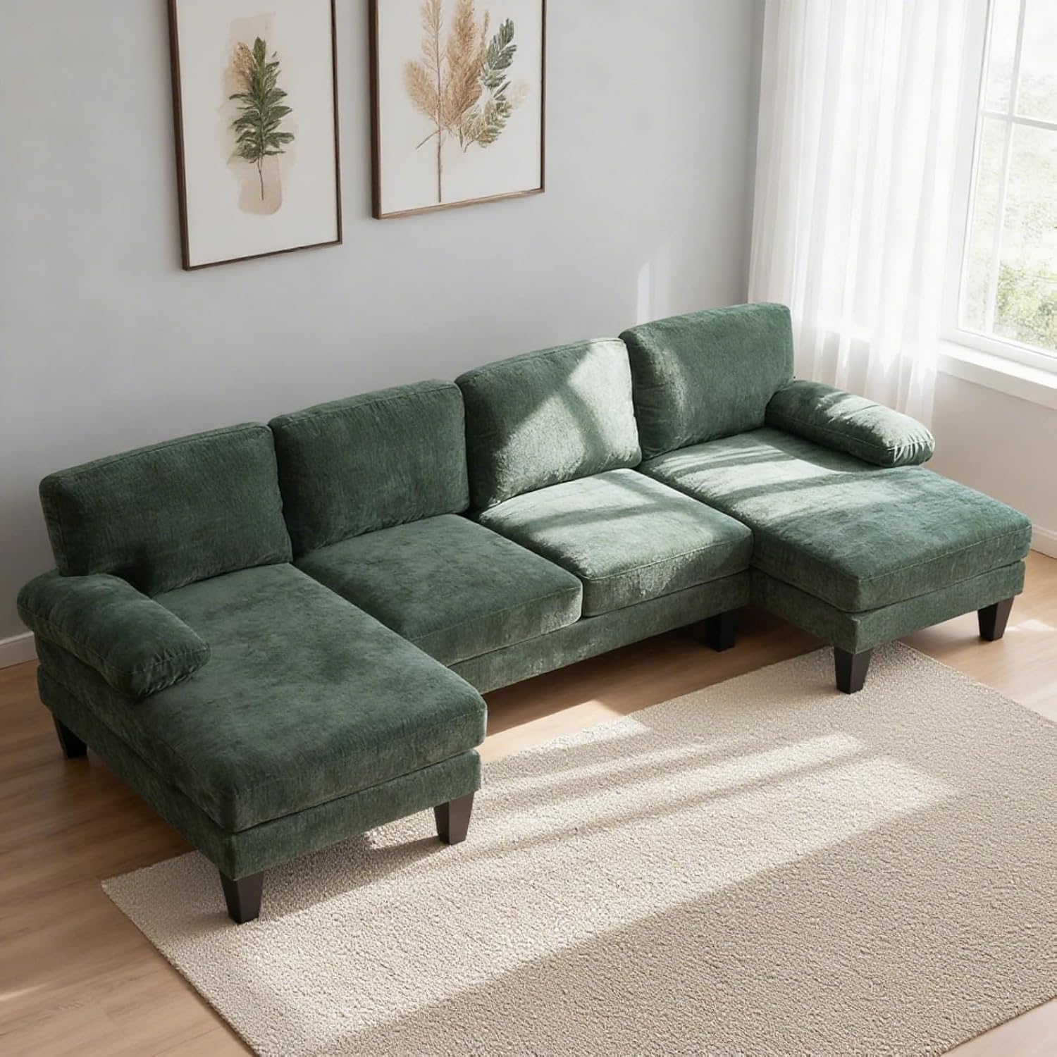 Karl home U-Shape Sectional Sofa Couch 111' Modern 4-Seat Sofa with Chaises Chenille Fabric Upholstered Covertible Couch with Wood Grain Legs for Living Room, Reception Room, Apartment, Green