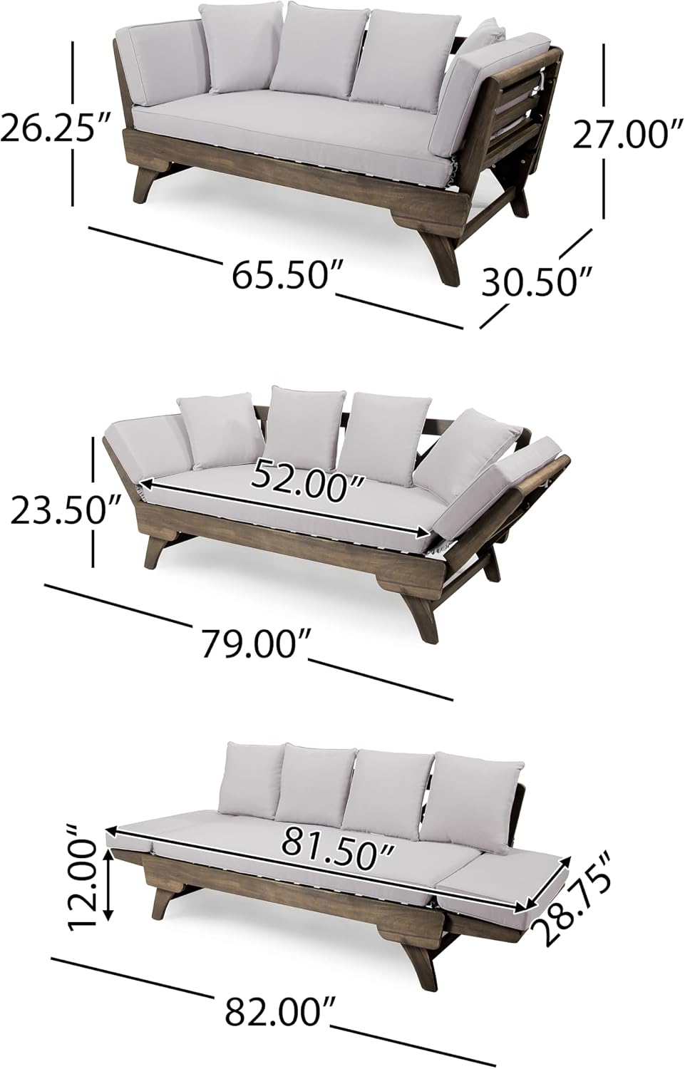 Christopher Knight Home Gary Patio Convertible Couch, Wooden Outdoor Daybed, 3-Seater Acacia Wood Patio Furniture Lounge Sofa for Backyard/Poolside/Garden, Back Pillow+Removable Cushion, Grey