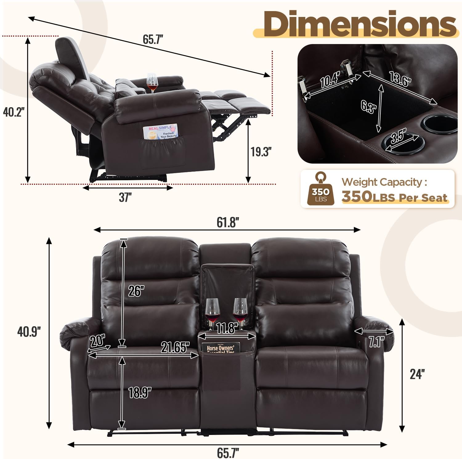 RV Loveseat Recliner with Console, Reclining Loveseat Sofa, Manual Home Theater Seating with Pockets/Cup Holders for Living Room/RV Furniture (Chocolate PU)