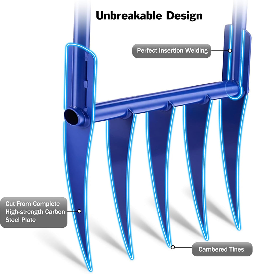 56'' Heavy Duty Broadfork for All the Soils, Unbreakable Design Pitchfork, 5 Sharp and Cambered 11'' Tines Bord Fork Garden Tool, Ergonomic Handles, Good Package, Easy Assembly, Blue.