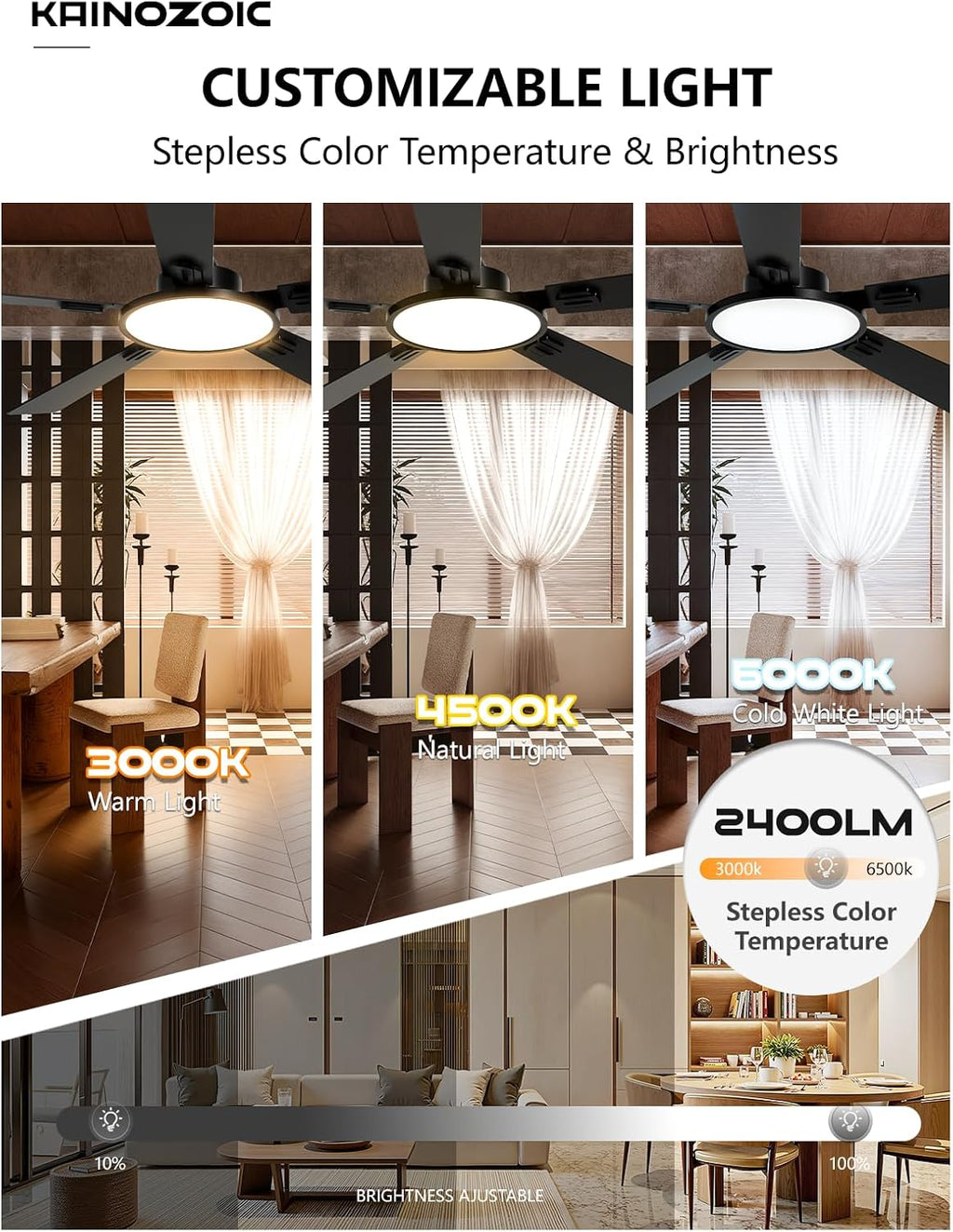52 Inch Ceiling Fan with Light App&Remote Control Dual Finish Blades Flush Mount Dimmable LED Light Quiet Reversible Motor Black Ceiling Fan for Bedroom Living Room Apartment