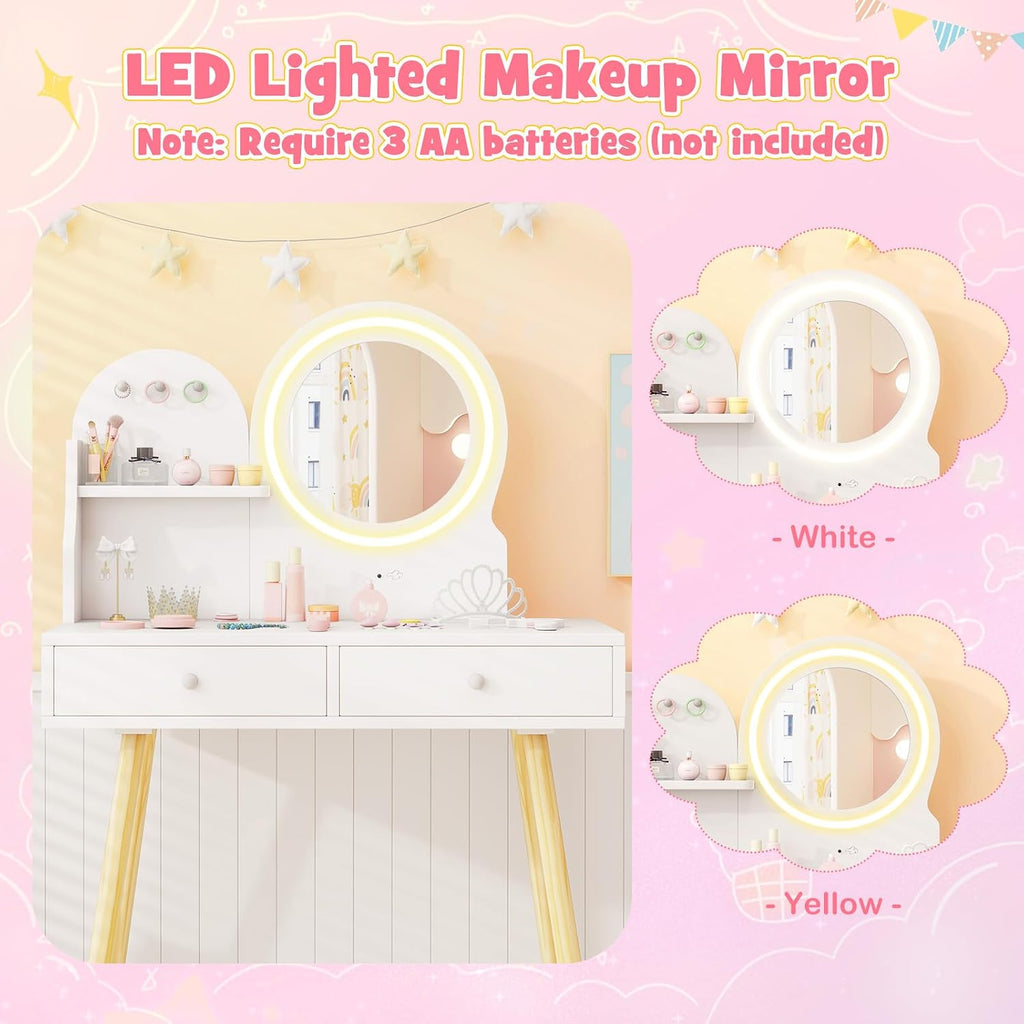HONEY JOY Kids Vanity, Little Girls Vanity Set with Mirror and Stool and Lights, Drawers, Toddler Makeup Vanity Dressing Table, Wooden Pretend Play Kids Vanity Table and Chair Set (White)