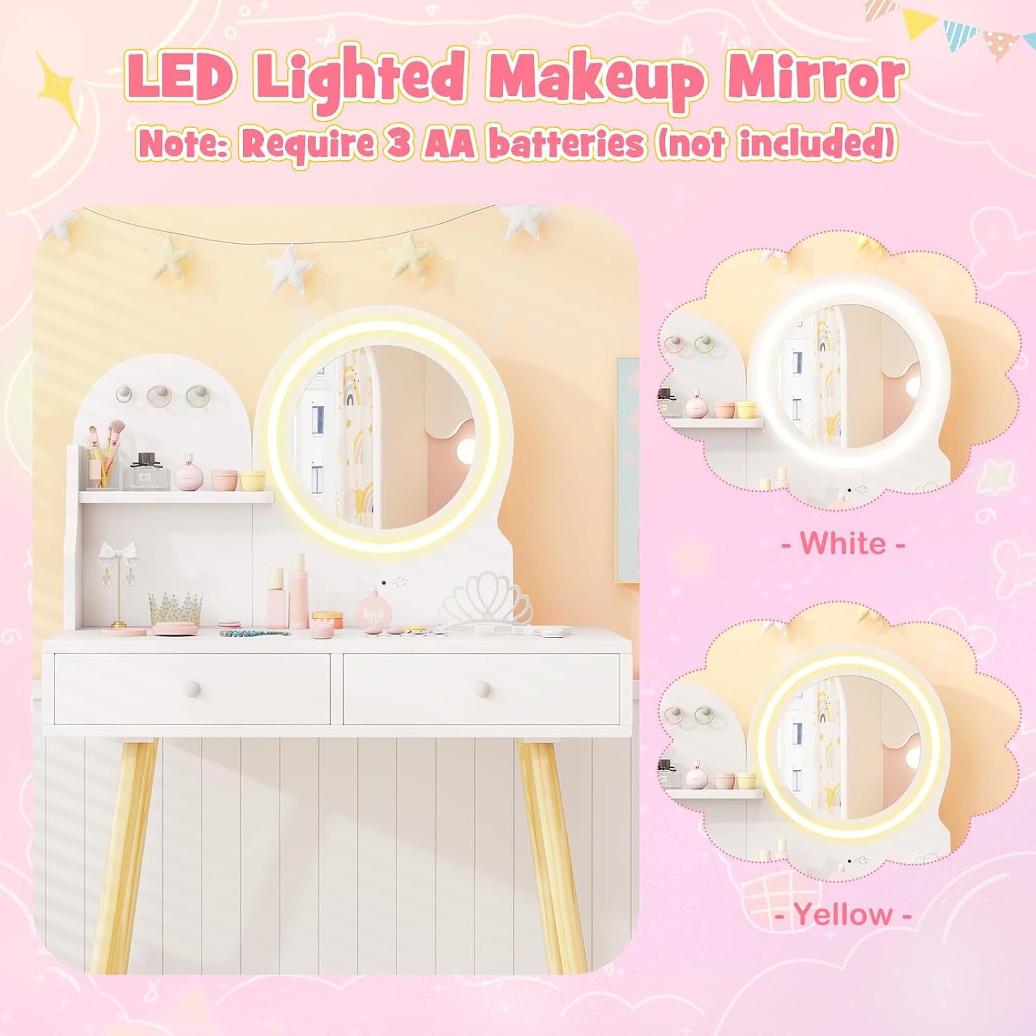 HONEY JOY Kids Vanity, Little Girls Vanity Set with Mirror and Stool and Lights, Drawers, Toddler Makeup Vanity Dressing Table, Wooden Pretend Play Kids Vanity Table and Chair Set (White)