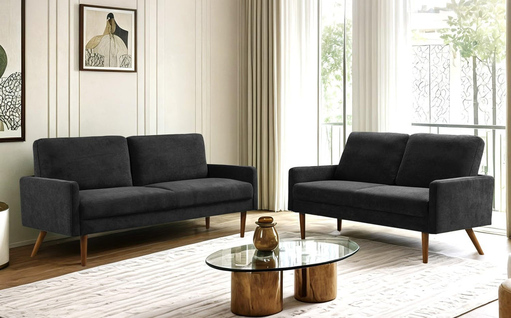 Kent 2 Piece Velvet Sofa and Loveseat Set, European Style with Modern & Vintage Flair, Upholstered 5 Seater Couch, Chic Living Room Furniture Seating for Home, Apartment or Office, Black