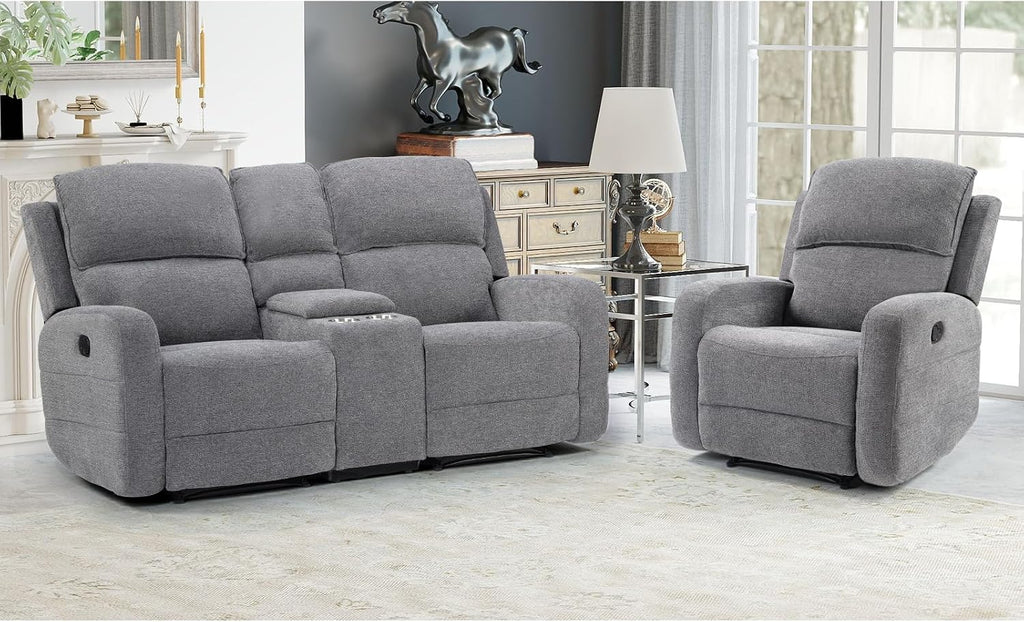 EBELLO Manual Living Room Furniture Reclining Couch Set, Soft Fabric Recliner Chair and Loveseat Sofa Couch for Meeting Room, Overstuffed Backrest(Recliner+Loveseat)