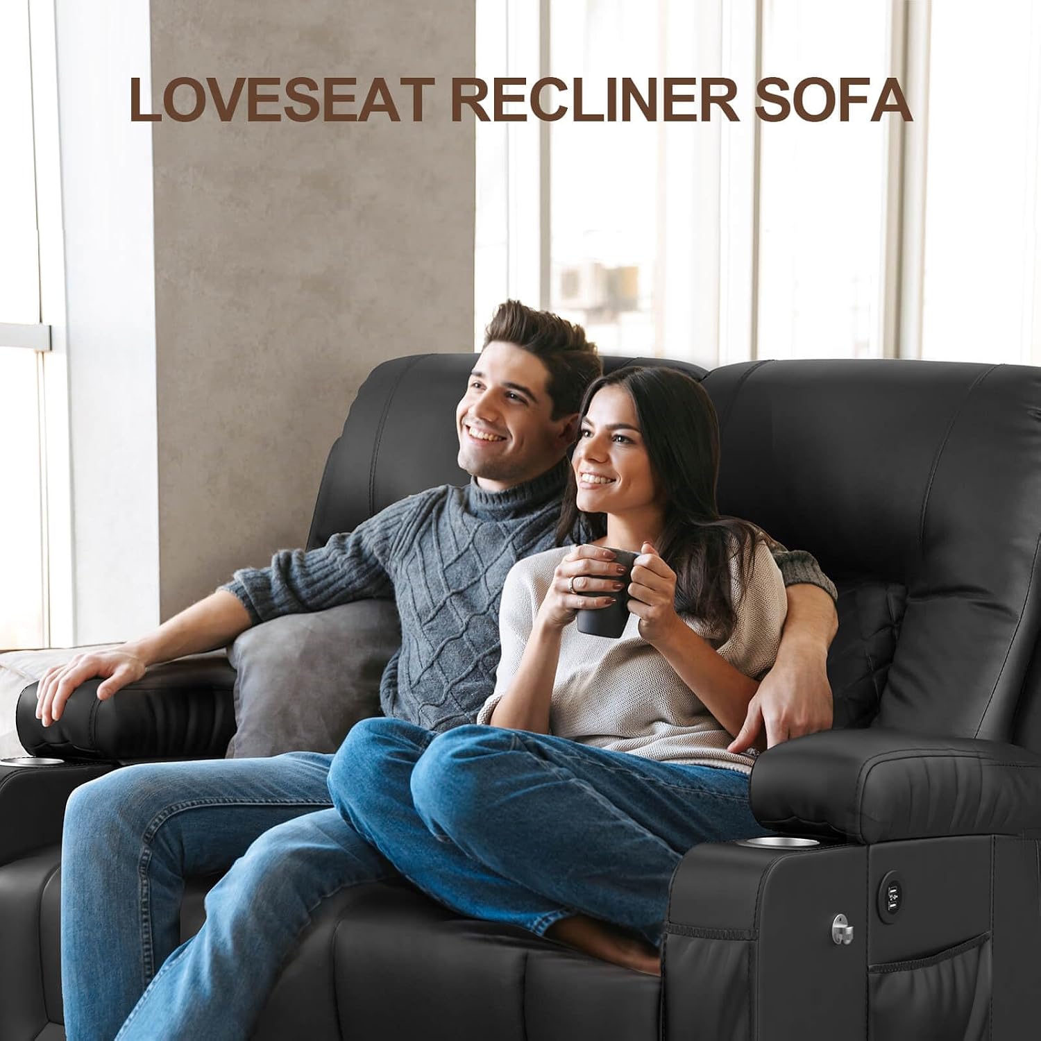 FURNIMAT Loveseat Recliner Sofa, 2 Seater Reclining Loveseat sofa, PU Leather RV Loveseat Couch, FSC Certified Recliner Chair for Living Room, with Cup Holder and 2 Cell Phone Holder, USB Ports, Black