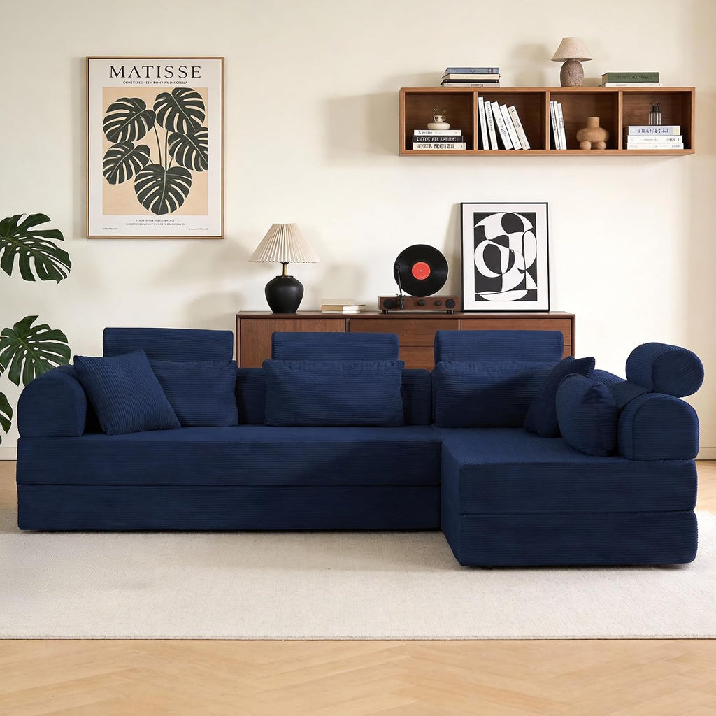 KEIKI 6-in-1 Folding Convertible High Back Sofa Sleeper, 106' Oversized Modular Sectional Corduroy Upholstered L Shape Couches for Living Room, Head Support Comfort for Large Apartment Bedroom, Blue