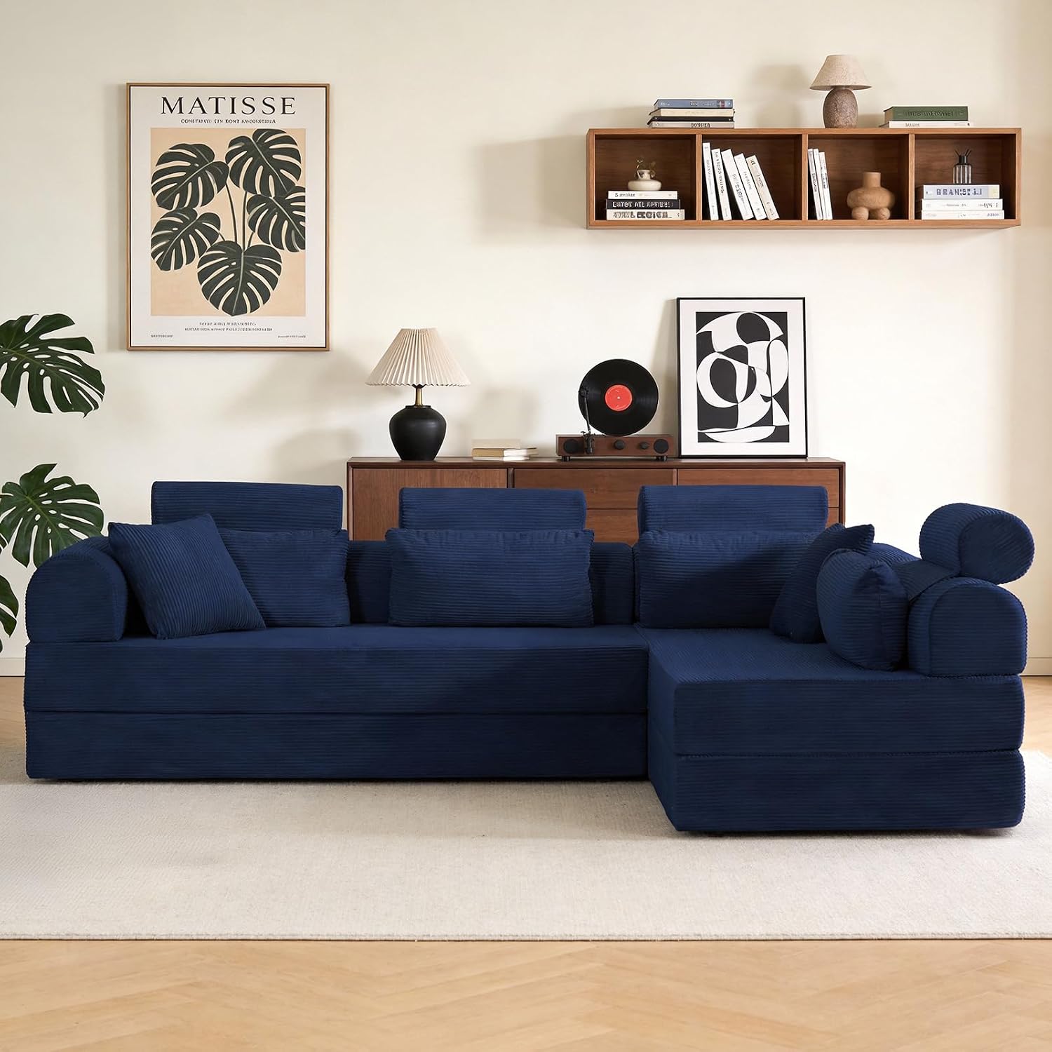 KEIKI 6-in-1 Folding Convertible High Back Sofa Sleeper, 106' Oversized Modular Sectional Corduroy Upholstered L Shape Couches for Living Room, Head Support Comfort for Large Apartment Bedroom, Blue