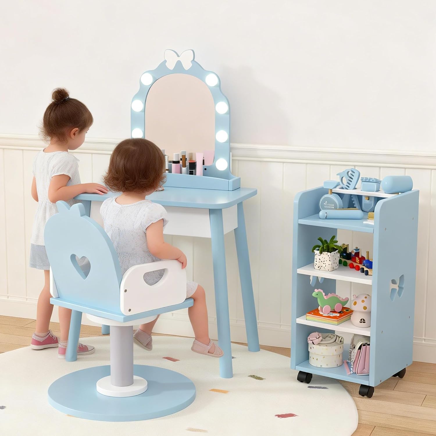 Wooden Kids Vanity Table and Chair Set with Light and Mirror, Princess Makeup Vanity Desk with Barber Chair and Rolling Cart, Pretend Hair Salon Play Set, Toddler Vanity Set for Girls, Blue
