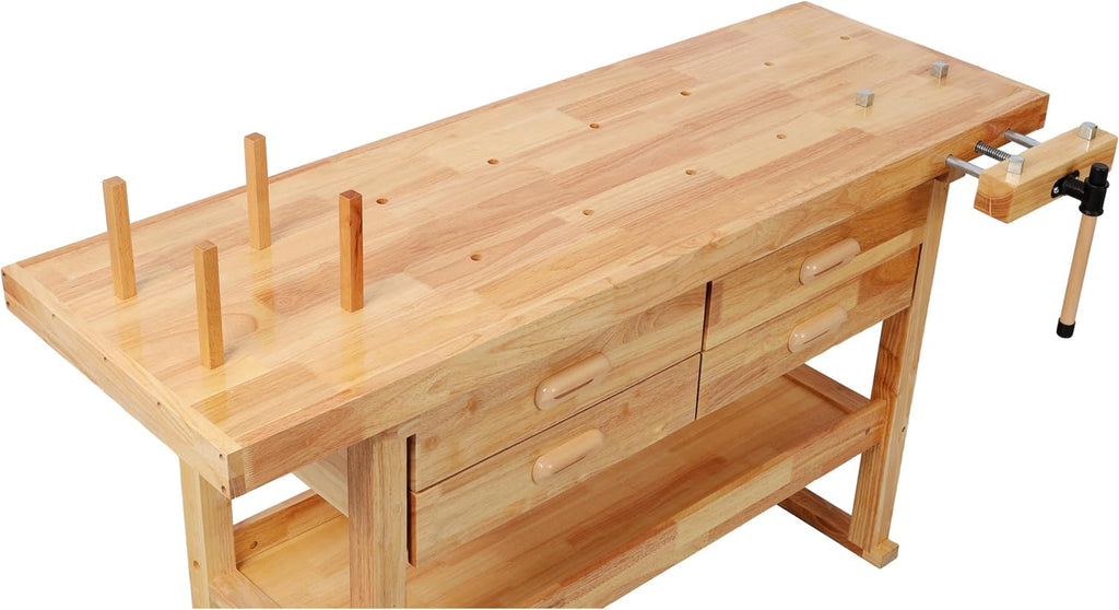 Montary 60-Inch Rubber Hardwood Workbench with 4 Drawers & Shelf, 330LBS Heavy Duty Portable Work Bench with Adjustable Handle, Woodworking Table for Garage, Workshop & Home Storage