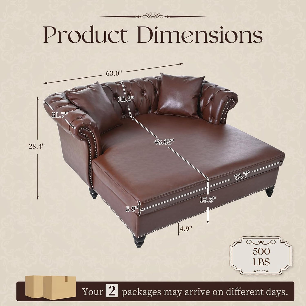 63' Oversized Chaise Lounge Comfy Reading Chair, Faux Leather Chesterfield Loveseat Sofa with Tufting Back & Rolled Arm with 2 Pillows, Comfy Couch for Indoor Relaxation, Living Room, Dark Brown