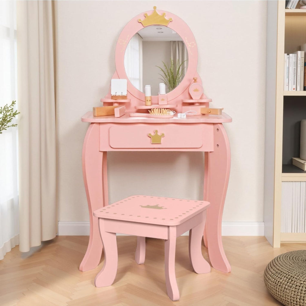 Little Girl Makeup Table with Mirror and Chair,Kids Vanity Table&chair Set with Storage Drawer,Toddlers Pretend Play Vanity with 9pcs Multiple Make up Accessories, Princess Vanity Desk for 3+ (pink)
