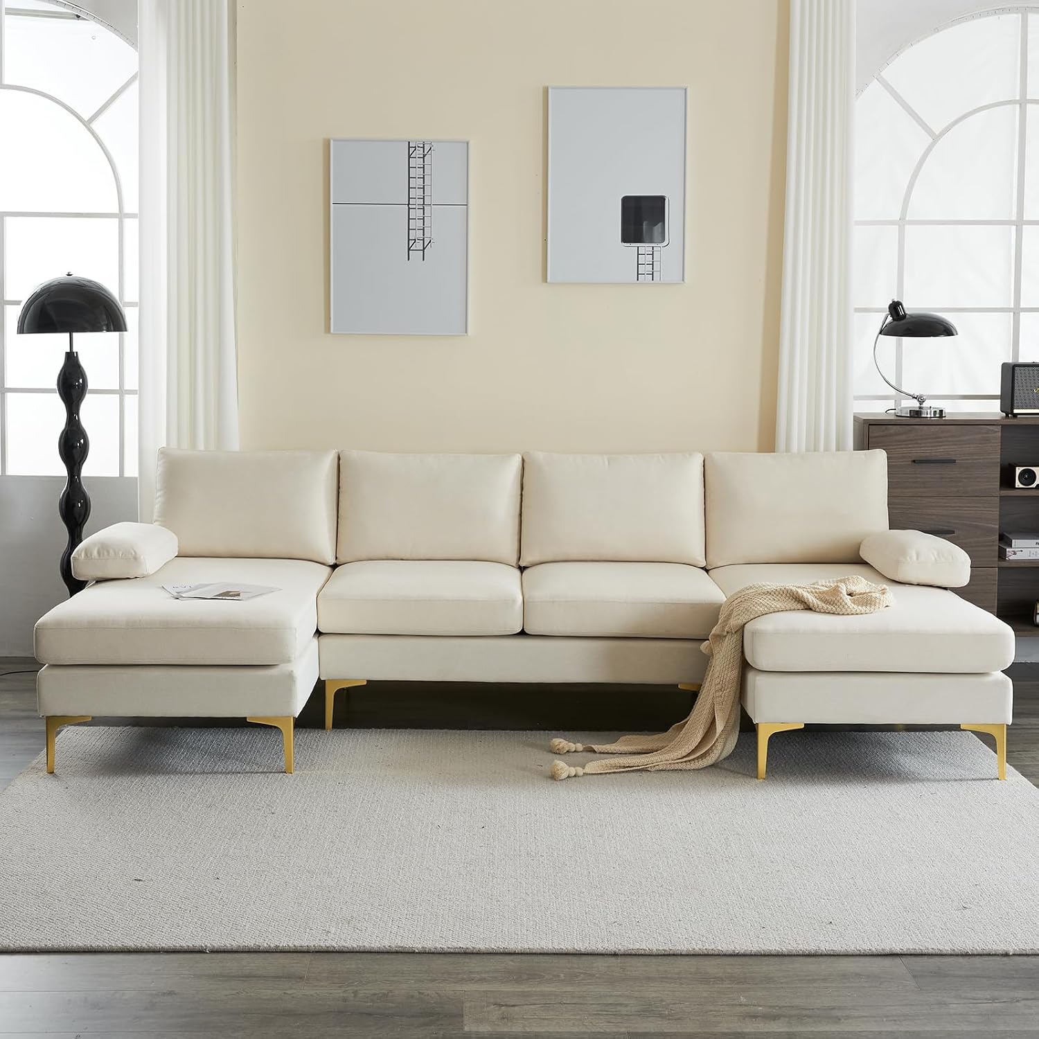 Karl home Convertible Sectional Sofa 110' U-Shape Sofa Couch 4-Seat Couch with Chaise Fabric Upholstered for Living Room, Apartment, Office, Beige