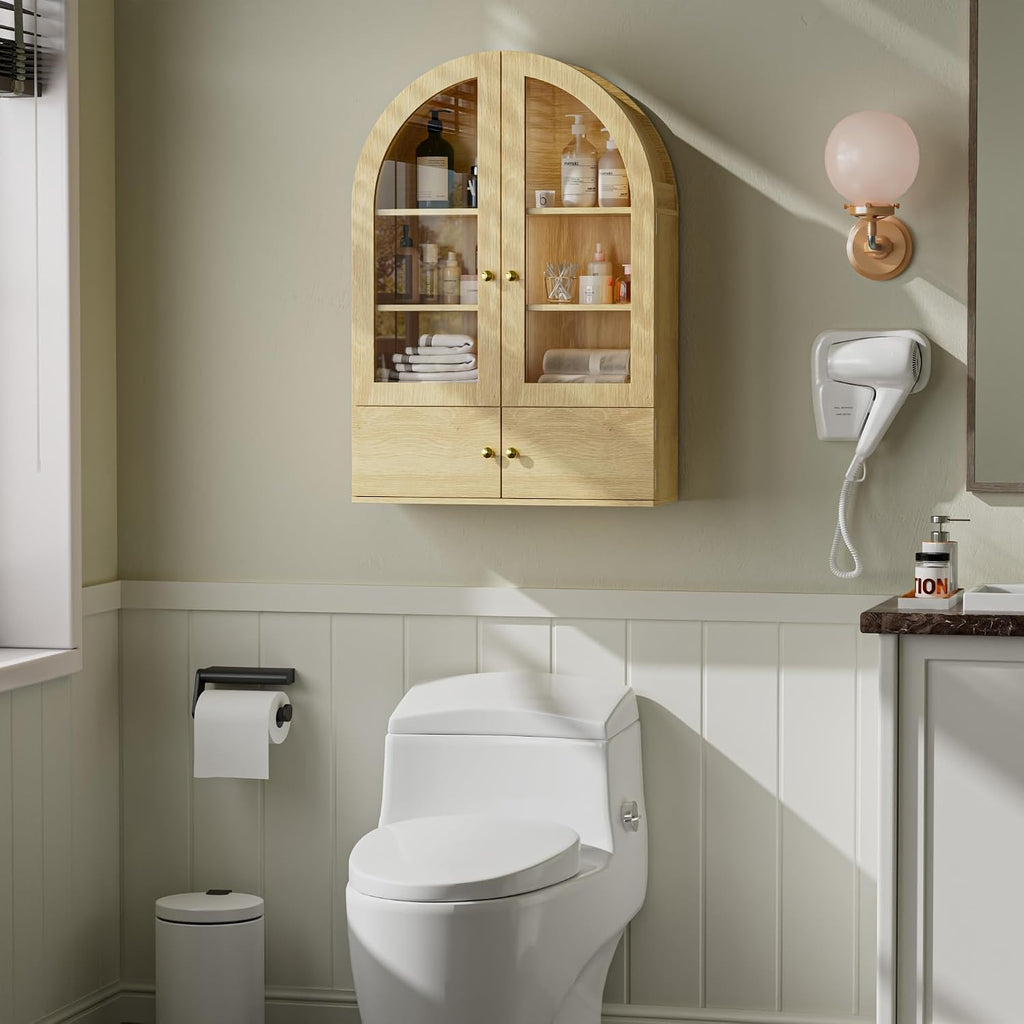 BREEZEHEAT Arched Medicine Cabinet Wall Mounted, Arched Bathroom Wall Cabinet with Glass Doors, Adjustable Shelf, Wall Over Toilet Cabinet for Bathroom, Kitchen, Laundry Room, Natural Oak
