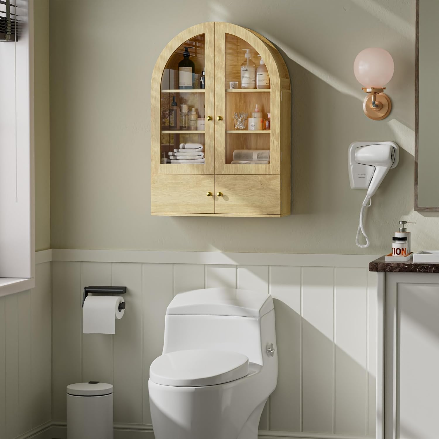 BREEZEHEAT Arched Medicine Cabinet Wall Mounted, Arched Bathroom Wall Cabinet with Glass Doors, Adjustable Shelf, Wall Over Toilet Cabinet for Bathroom, Kitchen, Laundry Room, Natural Oak