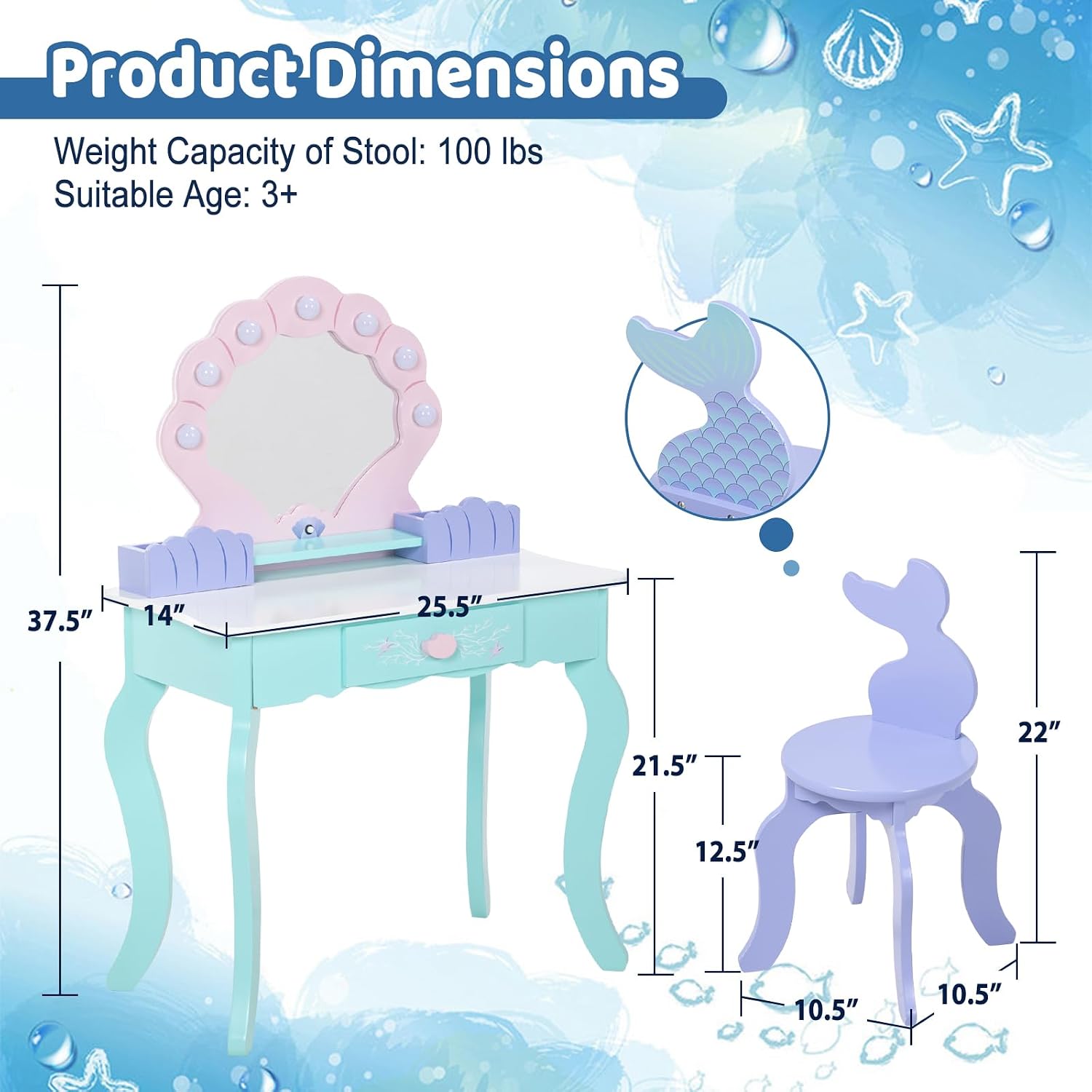 BRINJOY Kids Vanity with Lights, Wooden Princess Vanity for Girls, 2 in 1 Ocean Theme Toddler Dressing Table and Chair Set, Little Girl Makeup Vanity with Mirror for Children Birthday