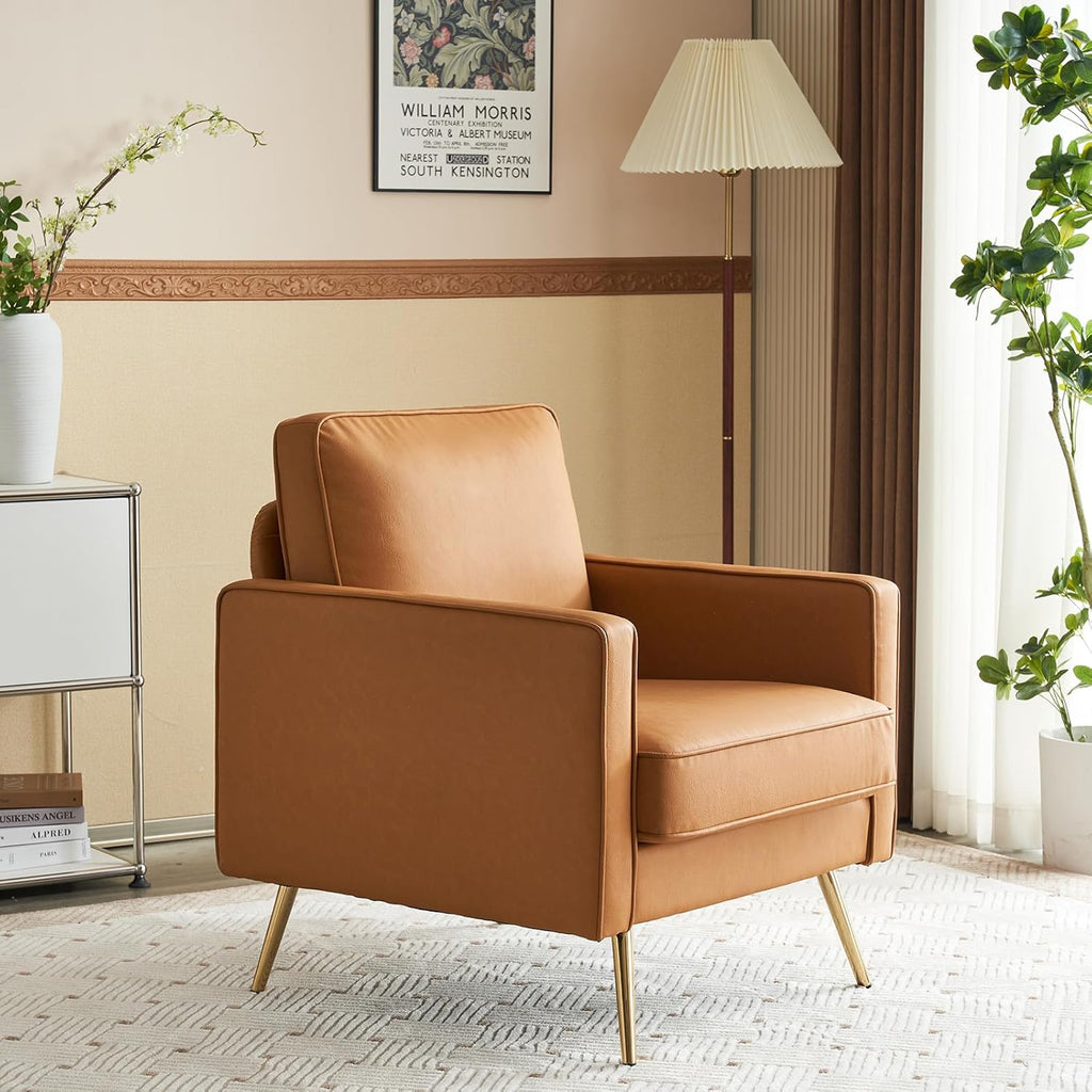 VINGLI PU Leather Accent Chair, Mid-Century Modern Living Room Chairs with Removable Cushions, Gold Legs, Upholstered Sofa Armchair for Bedroom, Office, Apartment, Play Room