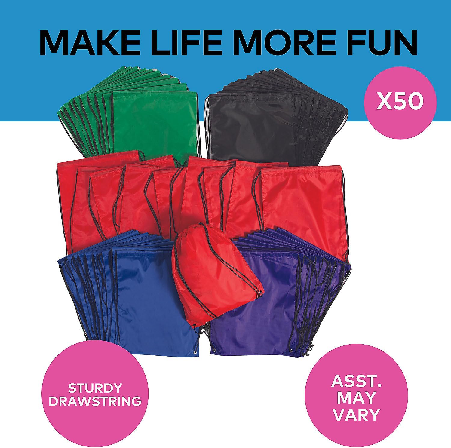 Fun Express 50 PC DRAWSTRING BAG ASSORTMENT - Apparel Accessories - 50 Pieces