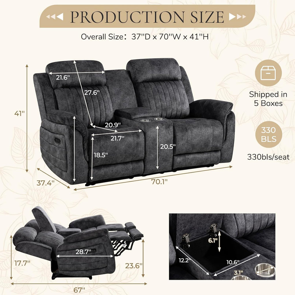 Power Reclining Loveseat with Zero Gravity, Adjustable Headrest, Electric Reclining Loveseat with Console, USB/Type-C Ports, Power Loveseat Recliner Sofa for Living Room (Grey, Loveseat)