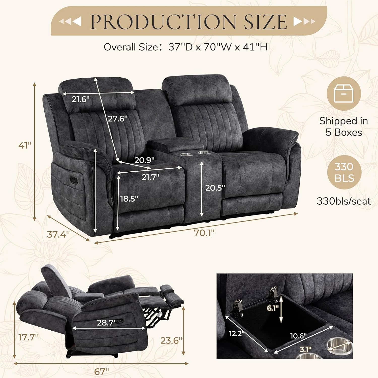 Power Reclining Loveseat with Zero Gravity, Adjustable Headrest, Electric Reclining Loveseat with Console, USB/Type-C Ports, Power Loveseat Recliner Sofa for Living Room (Grey, Loveseat)
