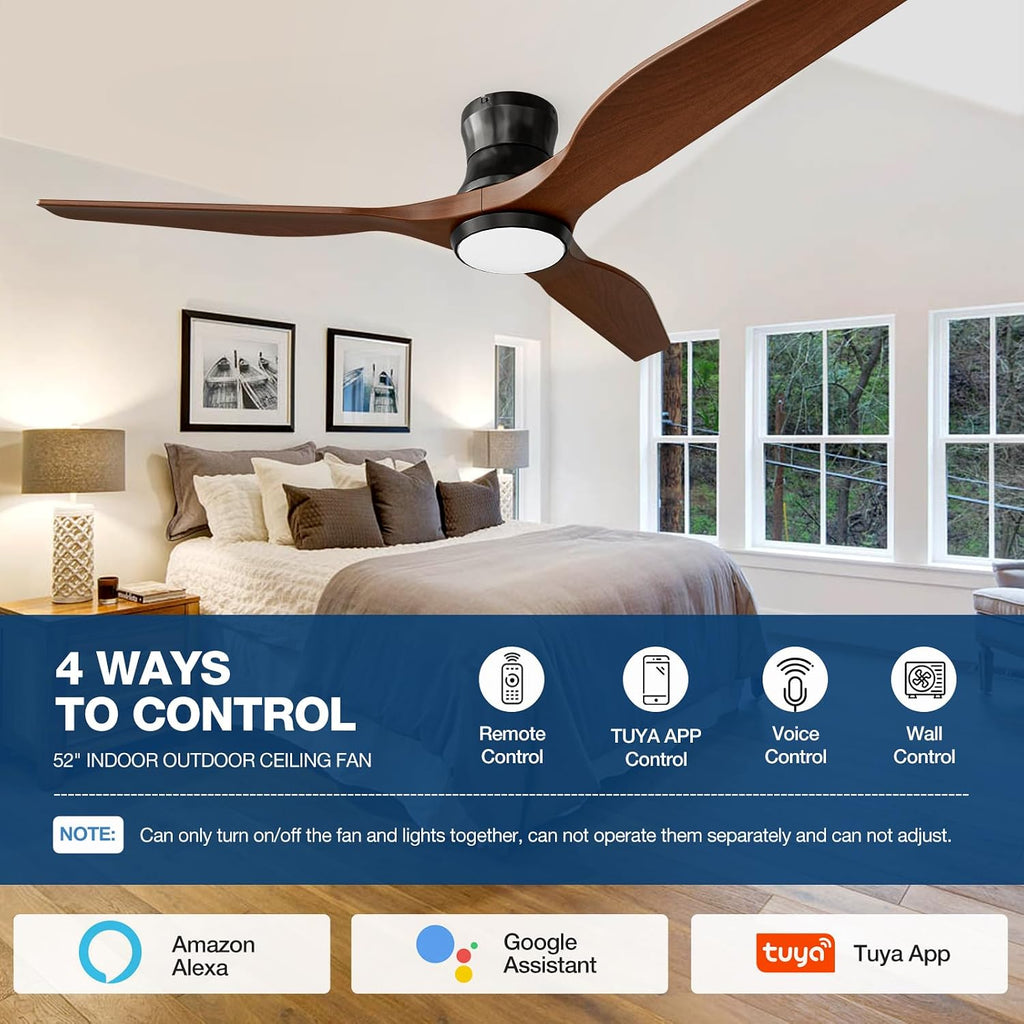 Smart 52' Wood Flush Mount Ceiling Fan with Remote Control, Walnut | Quiet DC Motor, WiFi Alexa Voice Control, High CFM Dimmable LED, Low Profile, Reversible, 6 Speeds Adjustment, Time Setting