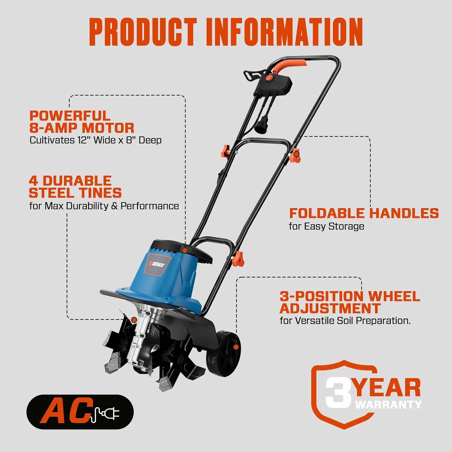 SENIX Electric Corded Garden Tiller & Cultivator, Steel Tines, 8 Amp, 12″ Till Width,8″ Till Width 3-Position Wheel Adjustment-Heavy Duty Gardening Machine Equipment for Lawn, Yard, & Grass