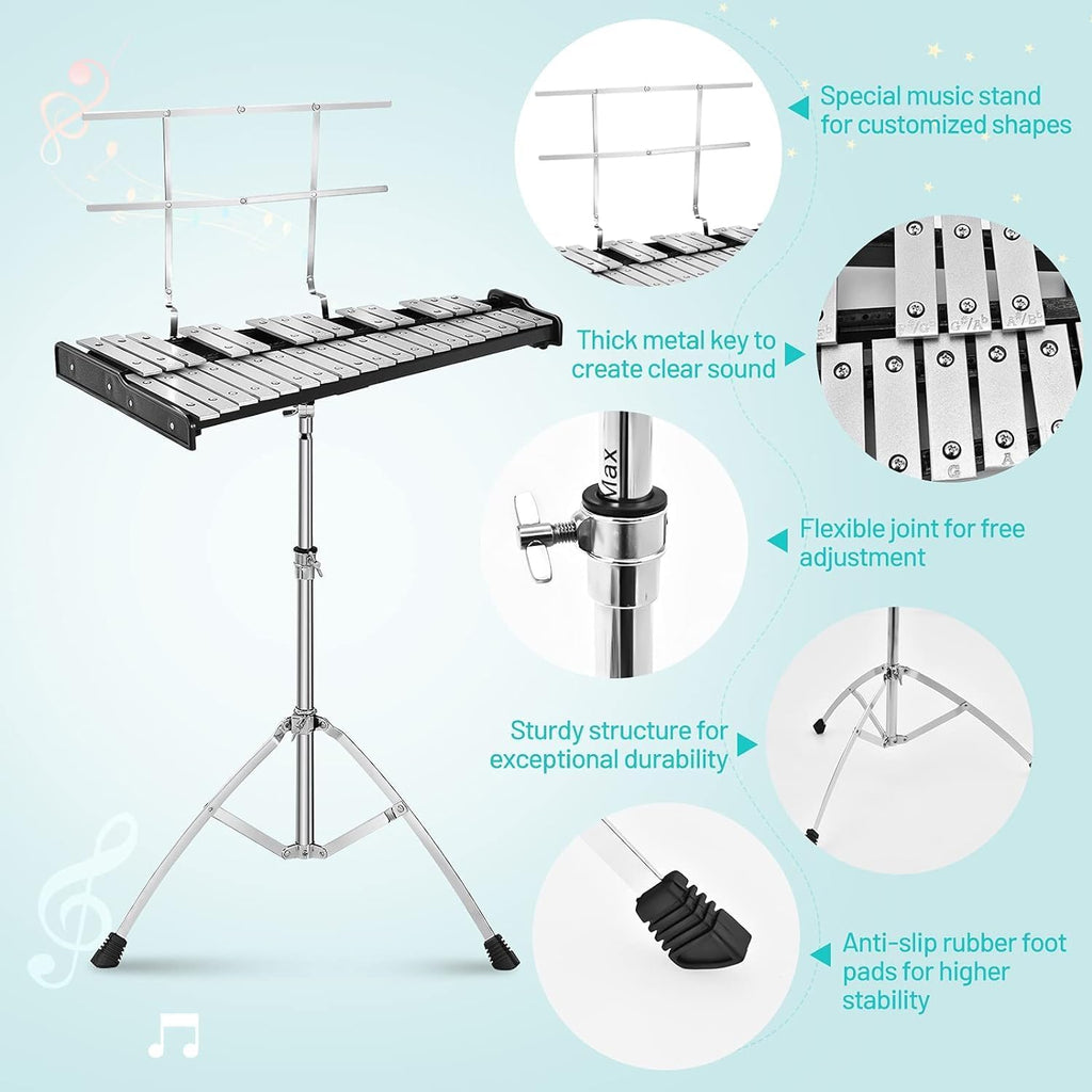 MEDIMALL 32 Notes Glockenspiel Kits, Percussion Xylophone with Adjustable Stand, Music Stand, 8' Practice Pad, Bell Mallets, Wood Drumsticks & Carrying Bag, Glockenspiel for Beginners & Professionals