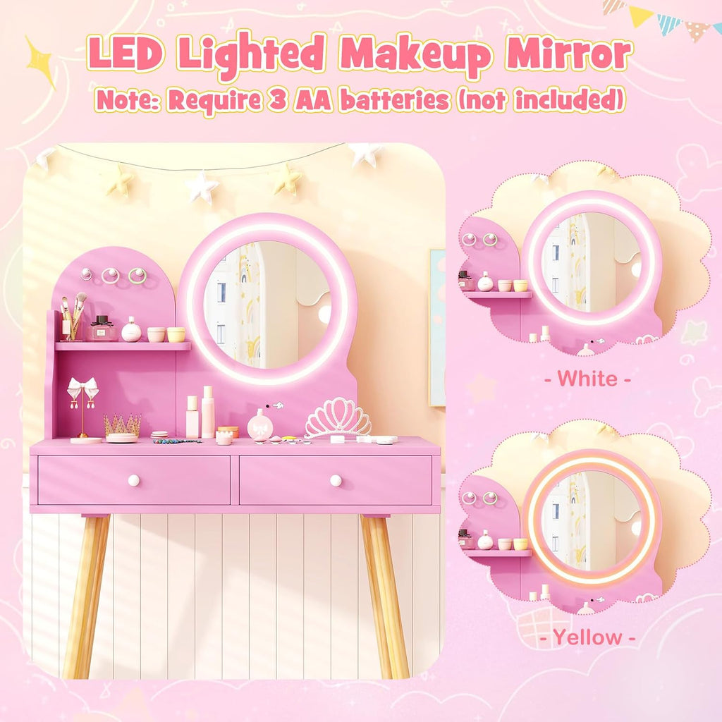 HONEY JOY Kids Vanity, Little Girls Vanity Set with Mirror and Stool and Lights, Drawers, Toddler Makeup Vanity Dressing Table, Wooden Pretend Play Kids Vanity Table and Chair Set (Pink)