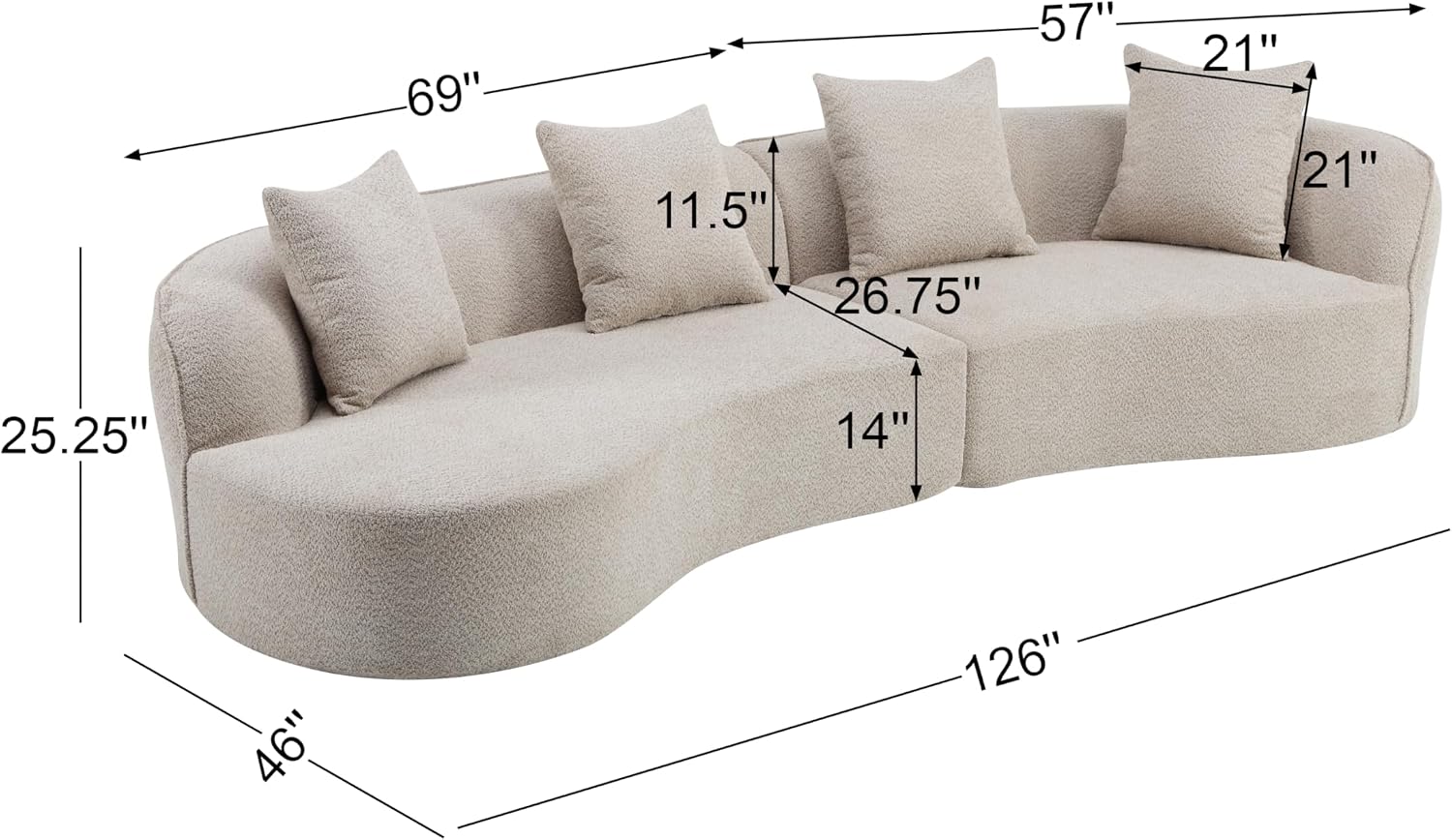 Christopher Knight Home Braebt 126' Comfy Upholstered Cloud Couch, 5-Seater Sofa Couches, Curved Modular Sectional Sofa with 4 Throw Pillows for Living Room, Study, No Assembly Required, Almond