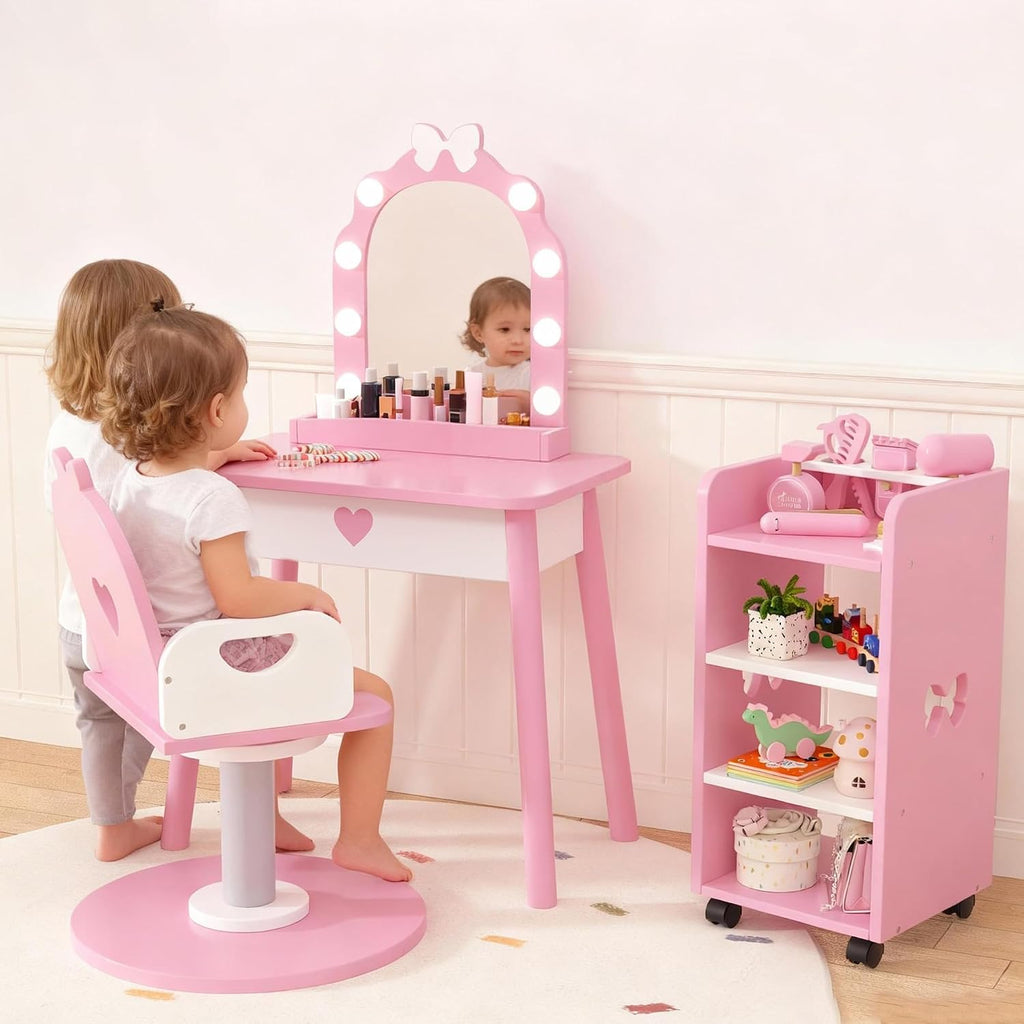 Wooden Kids Vanity Table and Chair Set with Light and Mirror, Princess Makeup Vanity Desk with Barber Chair and Rolling Cart, Pretend Hair Salon Play Set, Toddler Vanity Set for Girls, Pink