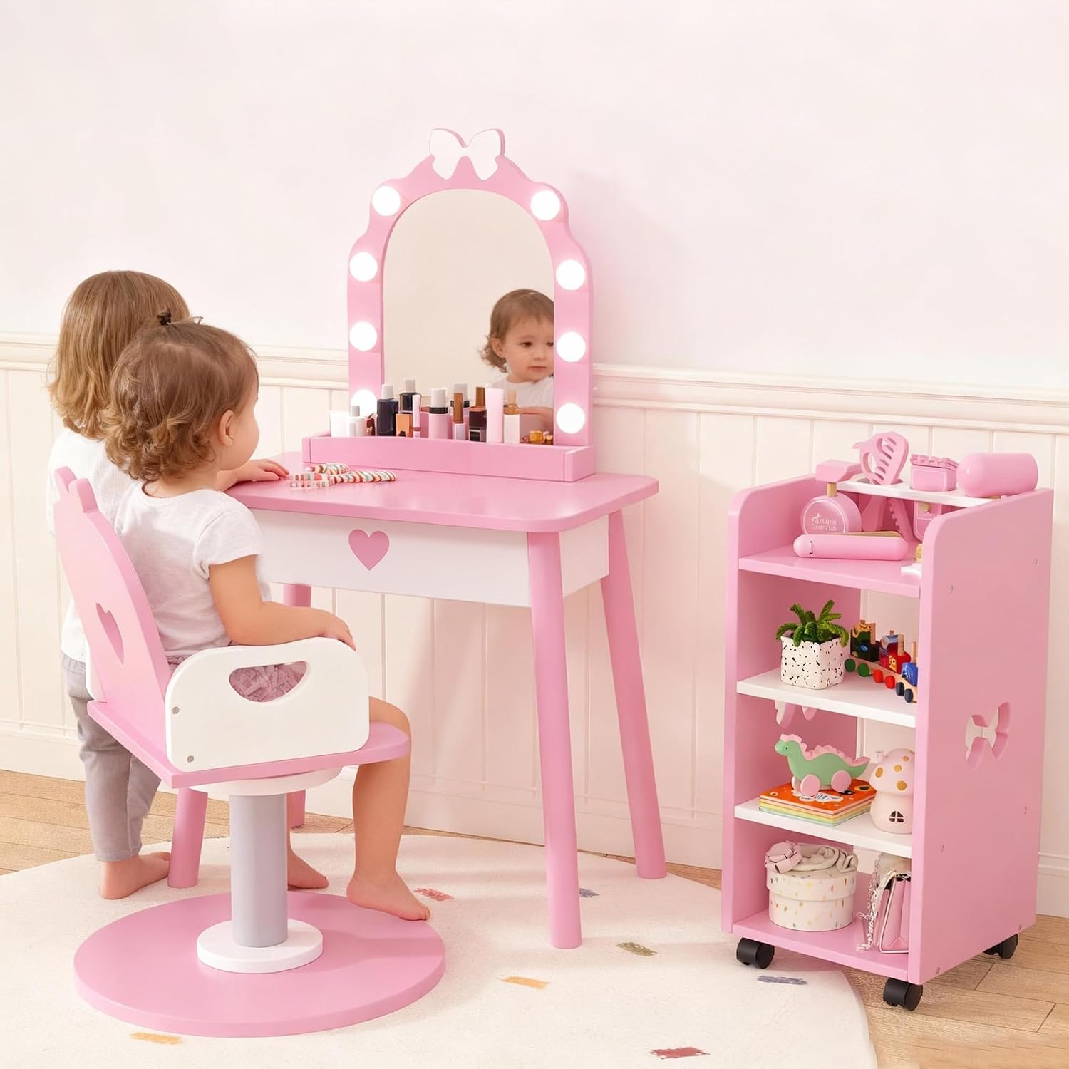 Wooden Kids Vanity Table and Chair Set with Light and Mirror, Princess Makeup Vanity Desk with Barber Chair and Rolling Cart, Pretend Hair Salon Play Set, Toddler Vanity Set for Girls, Pink