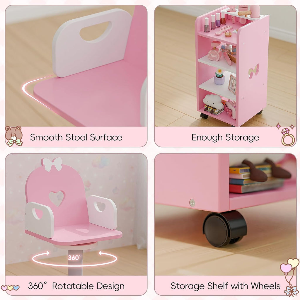 Kids Vanity Set with Light and Barber Chair, Pink Makeup Dressing Vanity Table with Storage Shelf and Hair Salon Play Set 7 pcs Accessories, Pretend Play Vanity Set for Toddler Girls