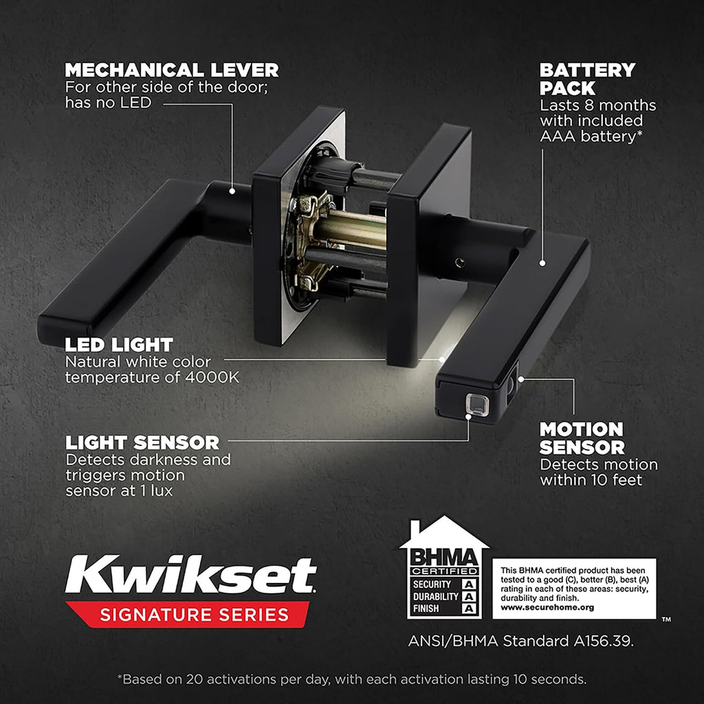 Kwikset Halifax LED Motion Activated Light Up Door Handle Reversible Lever & Cartridge, Matte Black, with Microban Protection