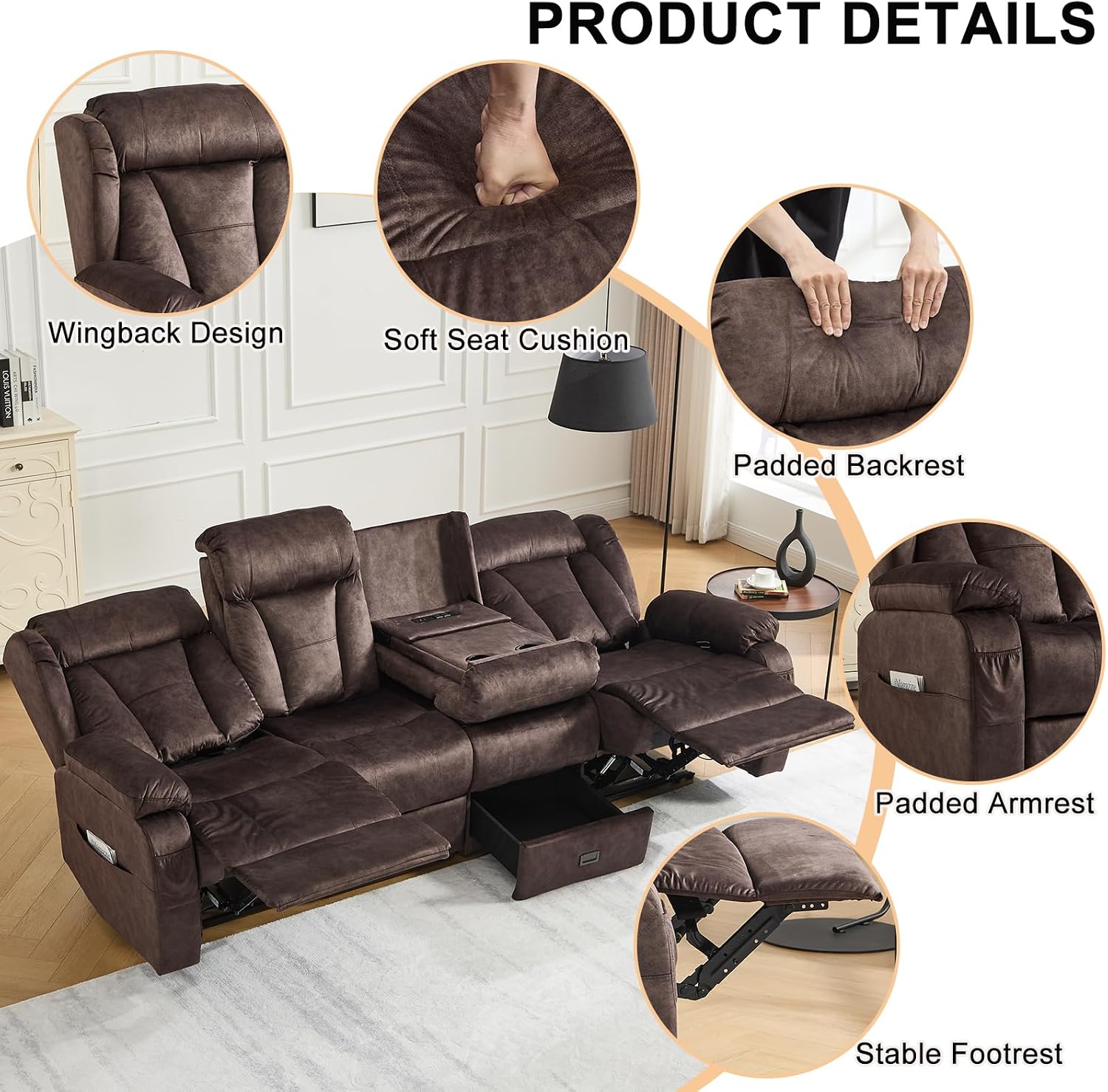 Loveseat Recliner Sofa,4 Seater Recliner Couch, Manual Reclining Loveseat with Console for Living Room, Home Theater Seating with AC/USB C/USB Ports Drawer Cup Holder(Velvet Brown, 4 Seater)