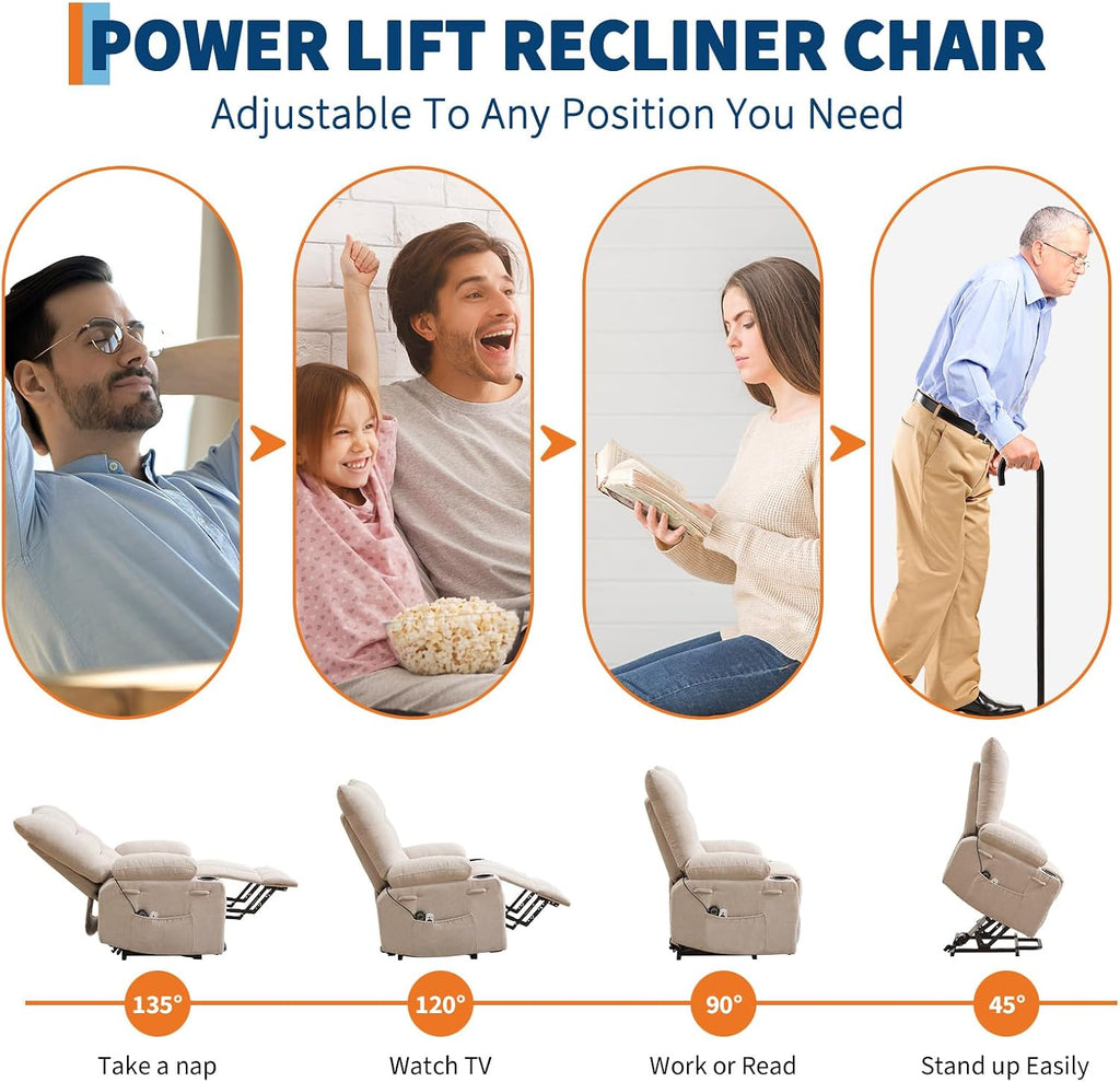 Power Lift Recliner Chair for Elderly - Electric Massage & Heat Recliner with 45° Assist Stand, Living Room Sofa for Small Space Furniture, Swivel Rocker with Cup Holders, Reclining Lounge for Adults