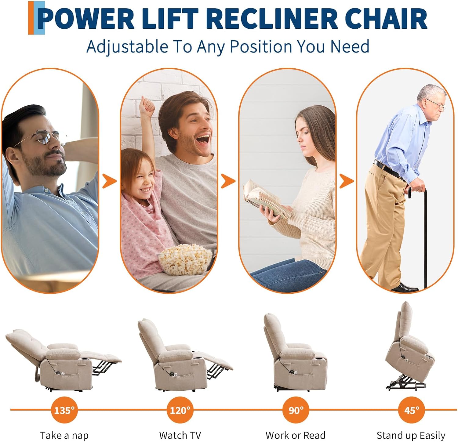 Power Lift Recliner Chair for Elderly - Electric Massage & Heat Recliner with 45° Assist Stand, Living Room Sofa for Small Space Furniture, Swivel Rocker with Cup Holders, Reclining Lounge for Adults
