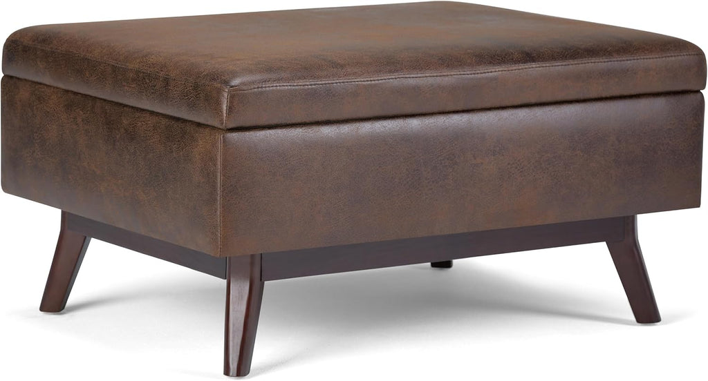 SIMPLIHOME Owen Coffee Table Storage Ottoman - 34' Wide x 19' High Upholstered Vegan Leather Rectangular Lift-Top Ottoman in Distressed Chestnut Brown, Mid-Century Modern Bench with Tapered Legs