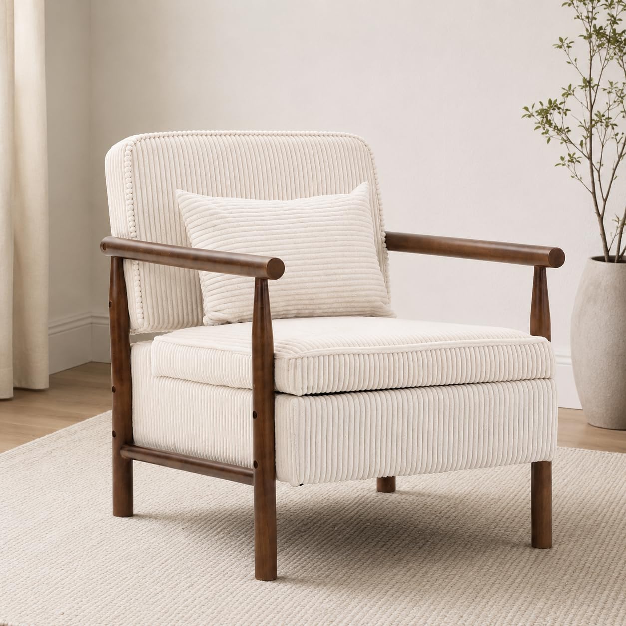 Accent Chair with Hidden Storage, Mid-Century Upholstered Armchair with Solid Wood Frame, Corduroy Fabric Accent Chair for Living Room, Bedroom, and Reading Corner(White)