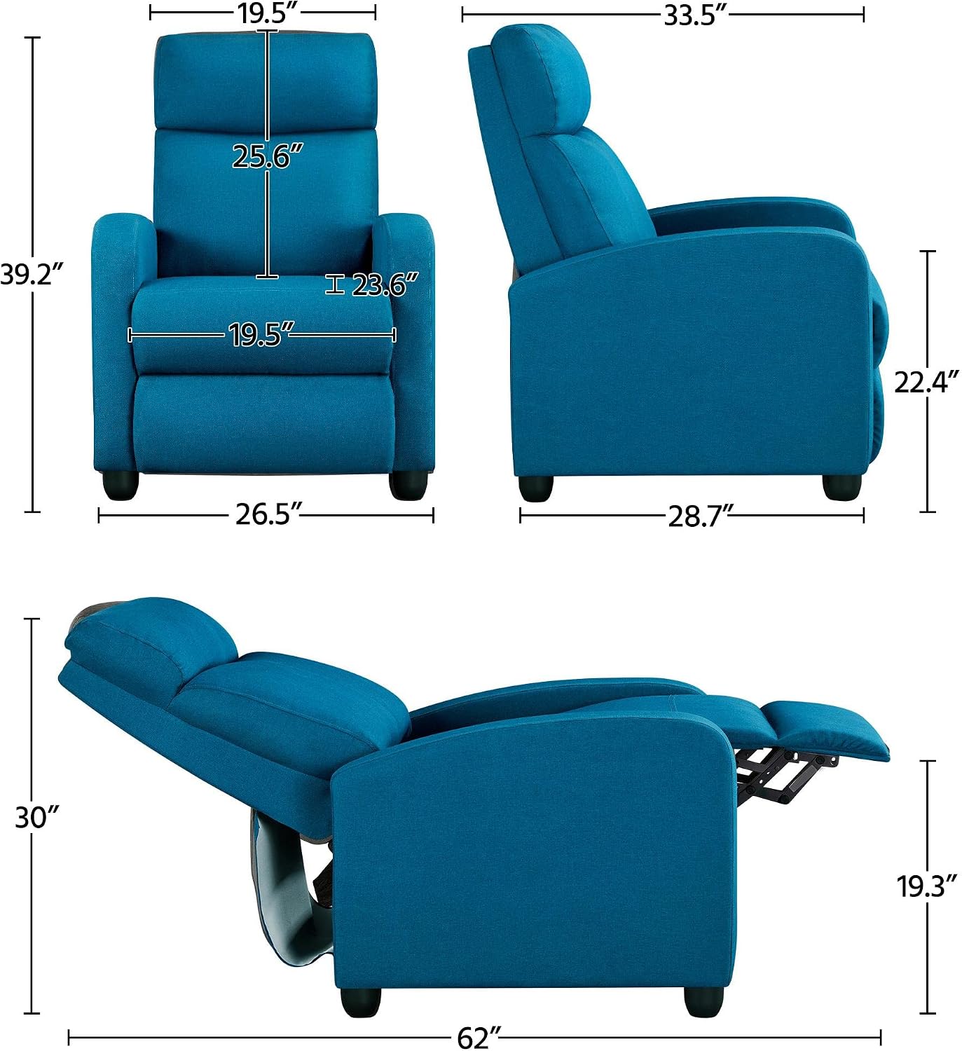 Topeakmart Fabric Recliner Sofa Push Back Recliner Chair Adjustable Modern Single Reclining Chair Upholstered Sofa with Pocket Spring Living Room Bedroom Home Theater Blue