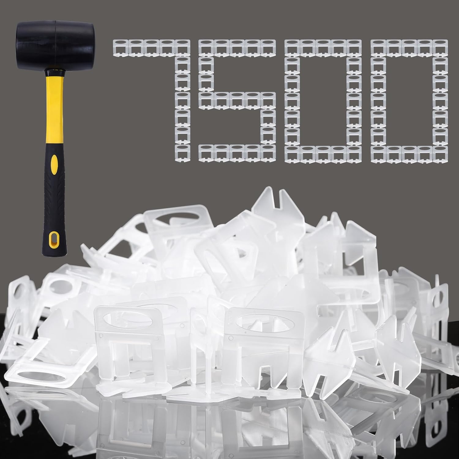 Tile Leveling System 1/8' Spacers Tile Leveler Clips 7500 Pcs and 16 oz Rubber Mallet Hammer .Tile Tools Set for Professional Ceramic and Stone Installation