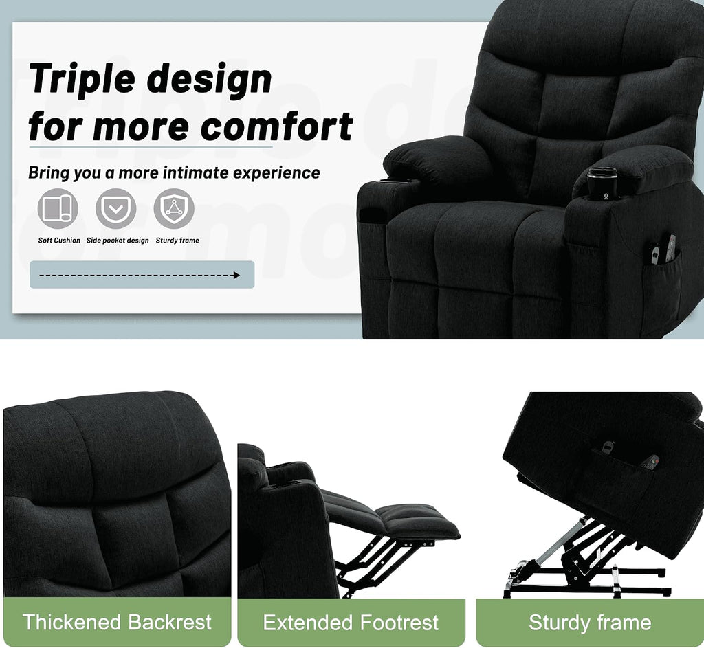 Korser Power Recliner Chair with Massage and Heating, Electric Recliner Chair for Elderly and Adults, Power Lift Recliner with Remote Control and Cup Holders for Living Room, Linen Fabric, Black