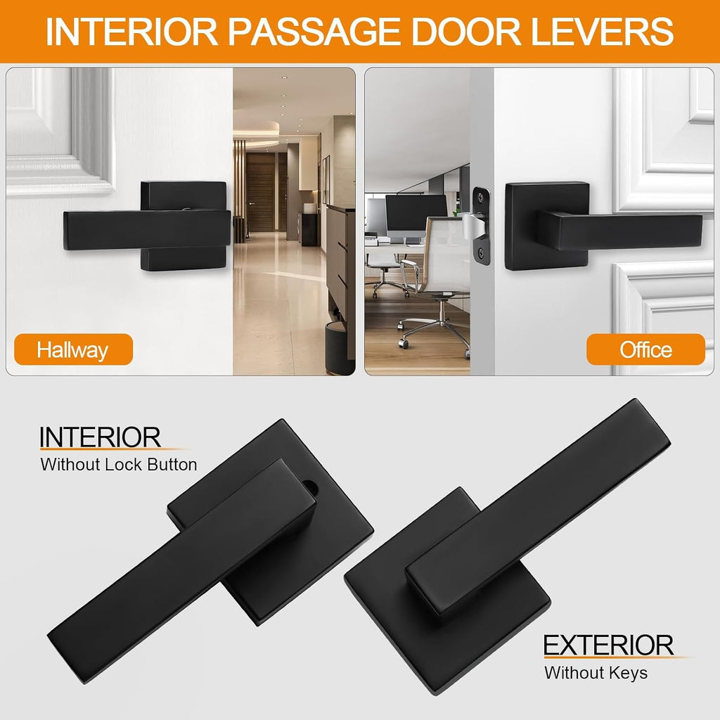 Sopoby 10 Pack Passage Door Handles Matte Black Door Knobs, Interior Door Knobs Square Heavy Duty Non-Locking Handlesets Hall Closet Handles, Reversible for Right & Left Sided Doors