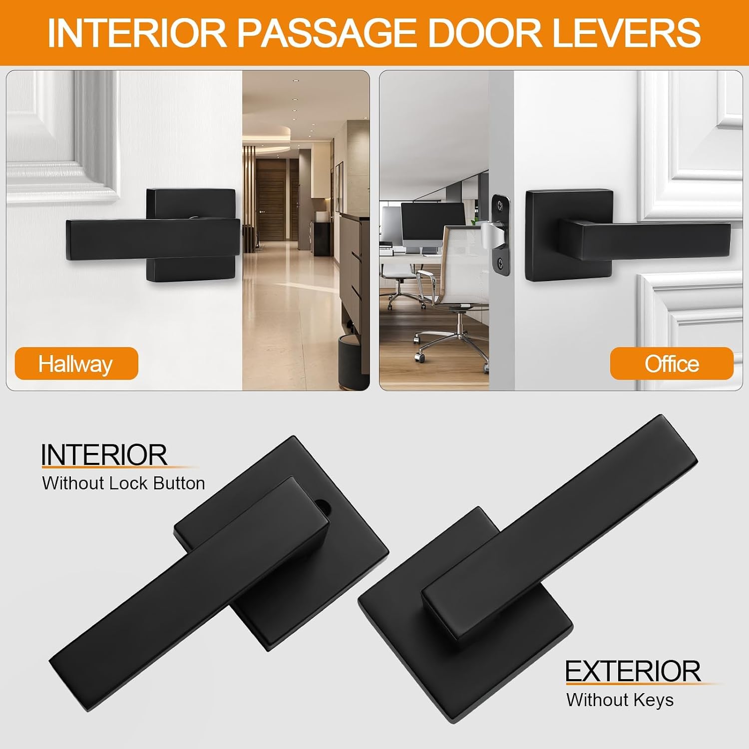 Sopoby 10 Pack Passage Door Handles Matte Black Door Knobs, Interior Door Knobs Square Heavy Duty Non-Locking Handlesets Hall Closet Handles, Reversible for Right & Left Sided Doors