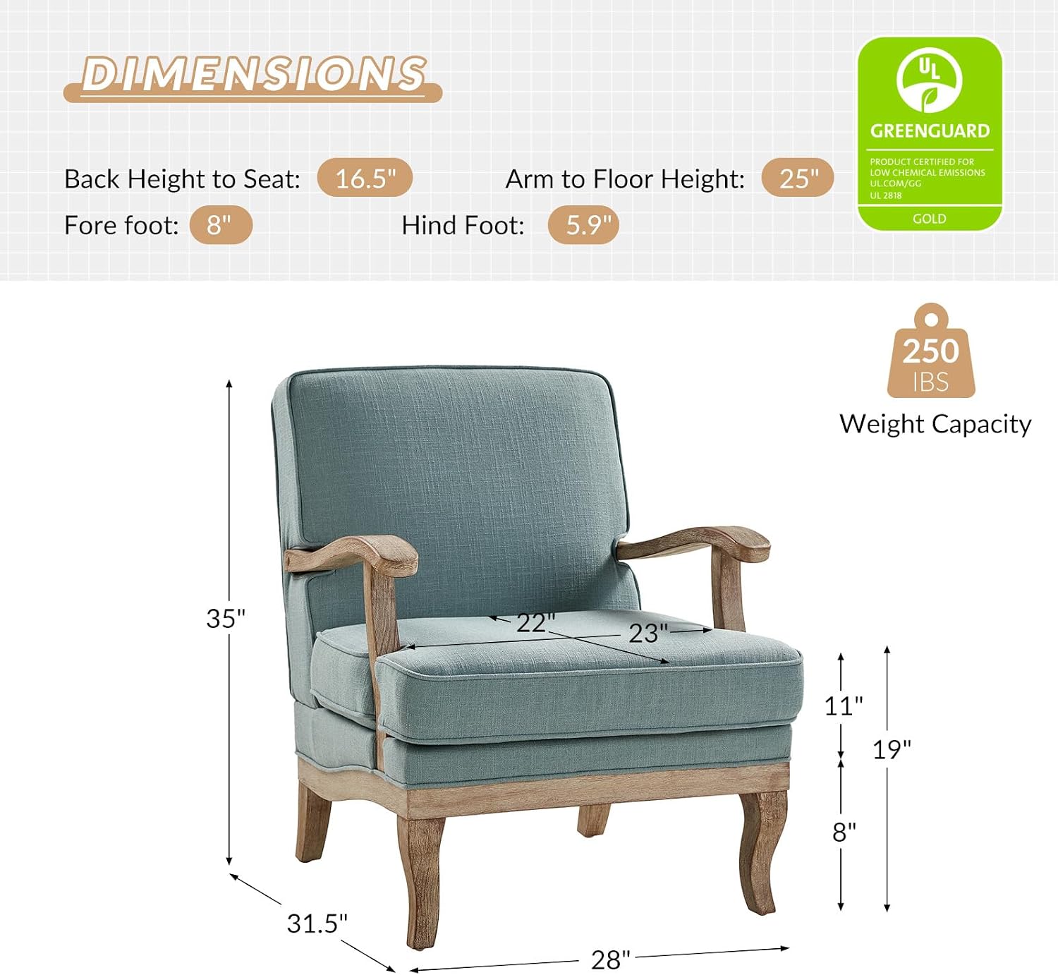 HULALA HOME Mid-Century Modern Accent Chair, Upholstered Lounge Arm Chair with Solid Wood Legs and Armrest, Removable Cushion Comfy Retro Reading Armchair for Living Room, Bedroom, Balcony, Blue