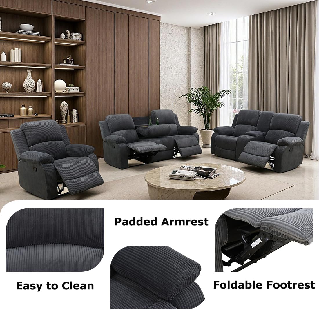 Living Room Furniture Set, Manual Reclining Sofa Set, Dark Grey Corduroy Recliner Couch Sets with Drop-Down Table, Recliner Sofa with Storage Console/Cup Holder for Living Room/Apartment