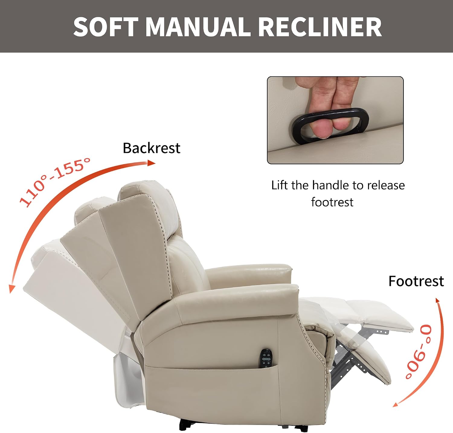 KEIKI Mid Century Modern Oversized Recliner Accent Chair for Adults, Manual Leather Recliner Chair with Back Massager and Heating for Living Room, Rocking Chair for Old Money Living Room Decor, Beige