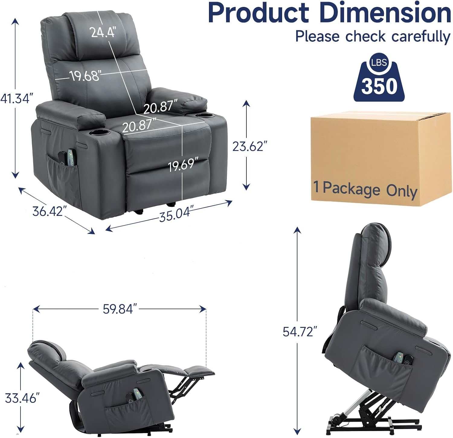 Brage Living Power Lift Recliner Chair for Elderly with Massage & Heat, PU Leather Electric Recliner with 160° Adjustable Recline, Stand Assist, Remote Control, USB Charge Port, Cup Holders (Gray)
