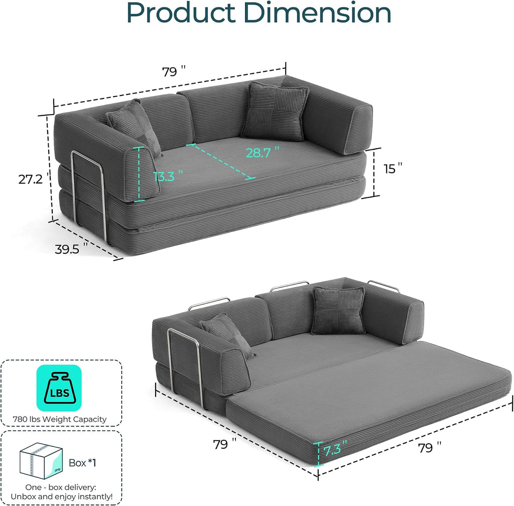 LINSY HOME Sofa Bed Couch - Convertible Boneless Couch Bed with 2 Pillow (Grey) | Folding Sofa Bed