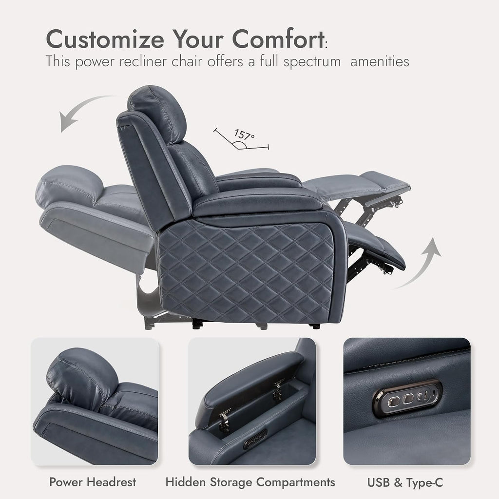 Watson & Whitely Genuine Leather Power Recliner Chairs for Adults, Zero Gravity Recliner with Power Headrest & Hidden Storage, RV Electric Reclining Sofa Chair for Living Room, Home Office, Navy