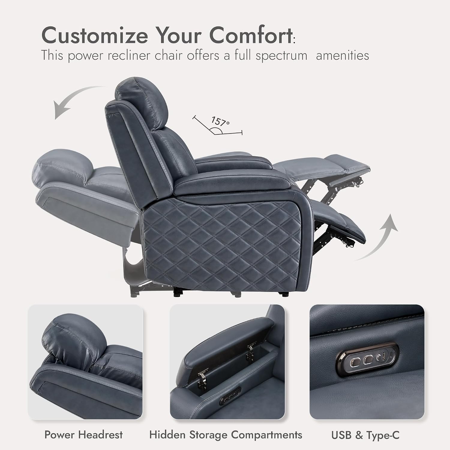 Watson & Whitely Genuine Leather Power Recliner Chairs for Adults, Zero Gravity Recliner with Power Headrest & Hidden Storage, RV Electric Reclining Sofa Chair for Living Room, Home Office, Navy